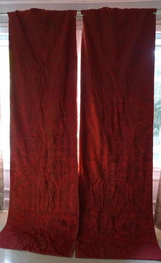 Antique French Red Old Silk Damask 19th Century Curtain Drape Backed