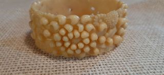 Antique Ivory Color Carved Chrysanthemum Celluloid Bangle Bracelet