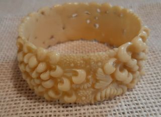 Antique Ivory color Carved Chrysanthemum Celluloid bangle Bracelet 4
