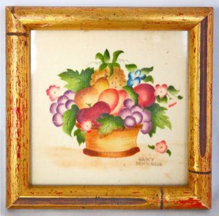 Vintage Folk Art Framed/signed Theorem Fruit Basket Painting By Nancy Demichele