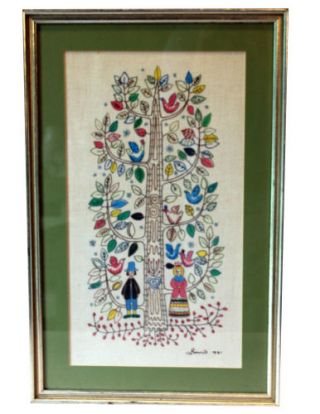 Vintage Tree Of Life Embroidery Needlepoint Folk Pa Dutch Pilgrims Marriage