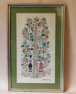 Vintage Tree of Life Embroidery Needlepoint Folk PA Dutch Pilgrims Marriage 2