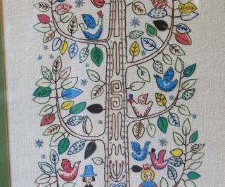 Vintage Tree of Life Embroidery Needlepoint Folk PA Dutch Pilgrims Marriage 5