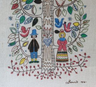 Vintage Tree of Life Embroidery Needlepoint Folk PA Dutch Pilgrims Marriage 6