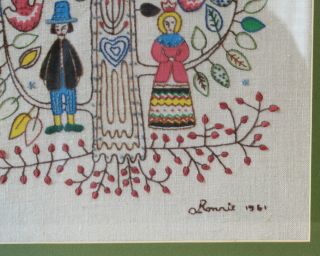 Vintage Tree of Life Embroidery Needlepoint Folk PA Dutch Pilgrims Marriage 7