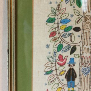 Vintage Tree of Life Embroidery Needlepoint Folk PA Dutch Pilgrims Marriage 8