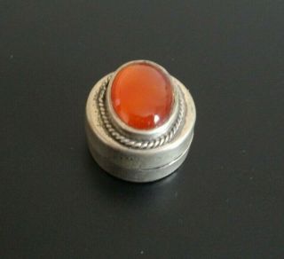 Small Vintage Continental Silver Pill Box Set With Large Oval Amber Cabochon
