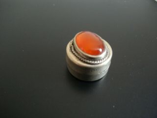 Small Vintage Continental Silver Pill Box set with large oval Amber Cabochon 2