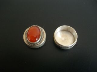 Small Vintage Continental Silver Pill Box set with large oval Amber Cabochon 3