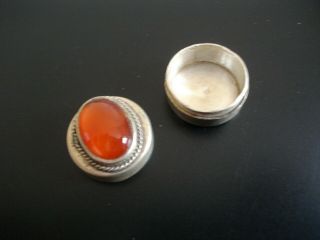 Small Vintage Continental Silver Pill Box set with large oval Amber Cabochon 4