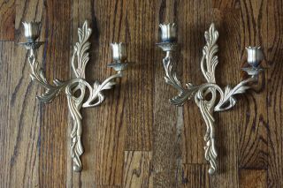 Set Of 2 Vintage Antique Finish Gold Metal Wall Sconce Candle Holders
