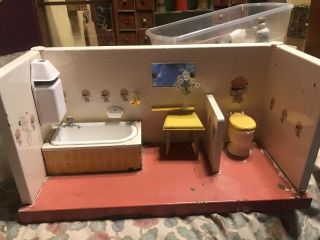 Antique German Steel Toy Bathroom,  Well Played With.  Label On Bottom