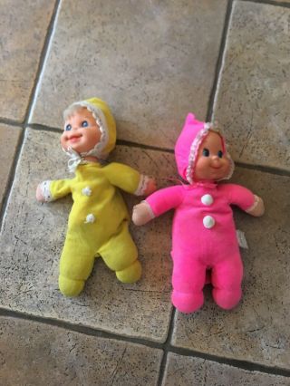 2 Vintage 1970 Mattel Bedsie Baby Beans Doll Yellow And Pink Outfit 12”