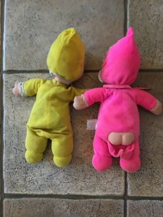 2 Vintage 1970 Mattel Bedsie Baby Beans Doll Yellow and Pink Outfit 12” 2