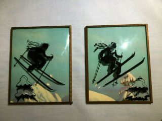 Convex Bubble Glass Reverse Painted Silhouette Pictures - Winter Skiers
