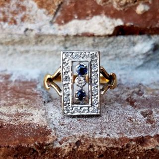 Antique Art Deco Sapphire Diamond Ring In 18k Gold Vintage Cluster Ring
