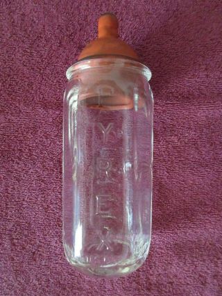 Vintage Antique Pyrex Glass Baby Bottle Wide Neck Embossed Push - In Nipple Hygeia
