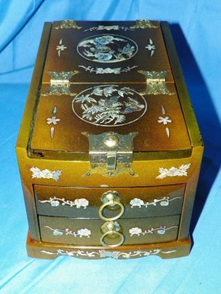 Antique Chinese Wood Jewelry/cosmetic Box W/ Mother - Of - Pearl Inlay & Mirror