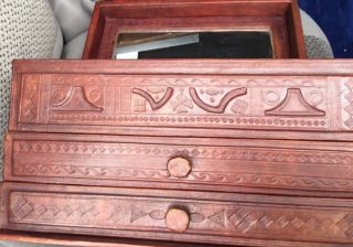 Antique Maroon/ Burnt Red Orange Color Tooled Leather Covered Wood Jewelry Box