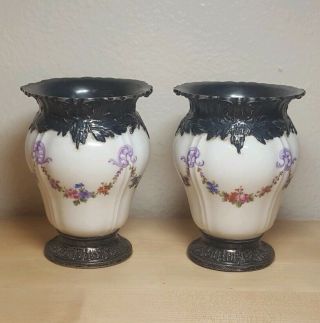 Antique French Porcelain Vases Sterling Silver Mounts Old Paris