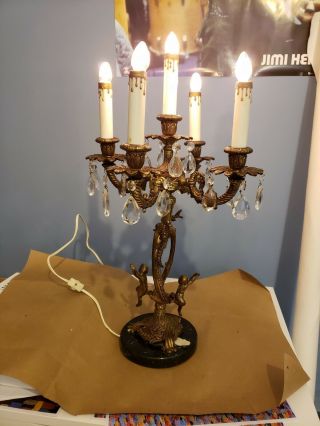 Antique/vintage Bronze / Brass Electric Candelabra Lamp With Crystals Cheribs