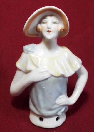 Old Antique 4 " Tall German Porcelain Half Doll W/ Hat Pin Cushion Doll 1450
