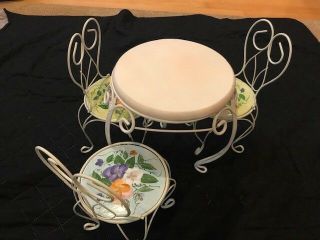 Vintage Wrought Iron & Ceramic Parlor Bistro Table & 3 Chairs For 18 " Dolls