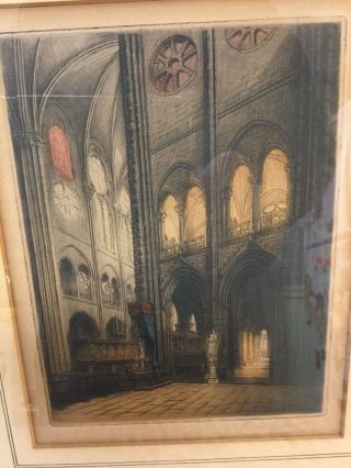 Antique Victor Valery Aquatint Etching Paris France Notre Dame Cathedral Framed