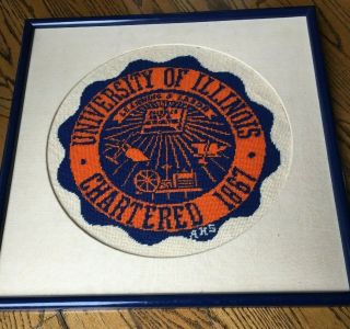 Vintage University Of Illinois Handmade Needlepoint Wall Picture Emblem Insignia