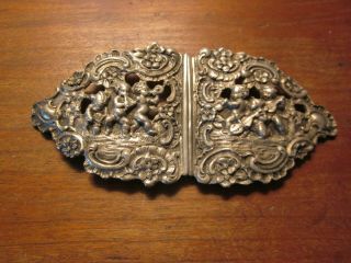 Vintage Antique Art Nouveau 2 Piece Silver Metal Musical Cherub Belt Buckle Rare