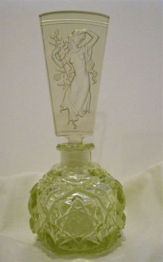 Vintage,  Art Deco,  Faceted,  Cut Glass,  Perfume Bottle,  Intaglio W/ Lady,  Citron