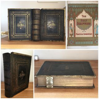 C1850 Large Antique Family Bible Old & Testaments Illustrated Leather Claspd