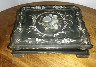 Antique Victorian Lacquered Papier Mache & Mother Of Pearl Writing Box As Found
