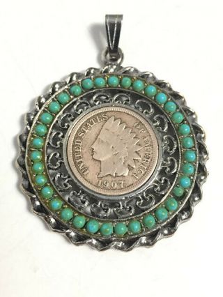 Antique 1907 Indian Head Penny Pendant One Cent Coin In Bezel With Turquoise