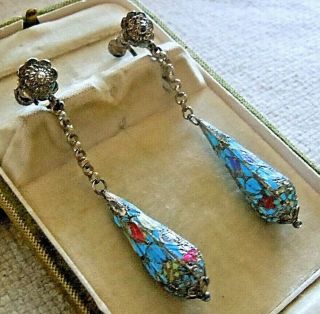 Antique Chinese Kingfisher Feather Inlay Silver Cannetille Granulation Earrings