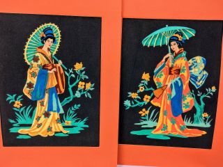 Pair Vintage Paint By Numbers Japanese Geisha Girls Black Velvet Asian Mcm 16x12