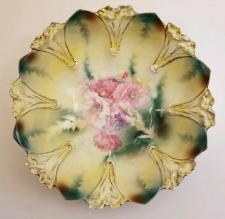 Antique Rs Prussia Large Bowl 10” Red Mark Scalloped Edges Flowers