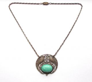 Vintage Art Deco Antique Silver Tone Green Peking Glass Bird Pendant Necklace