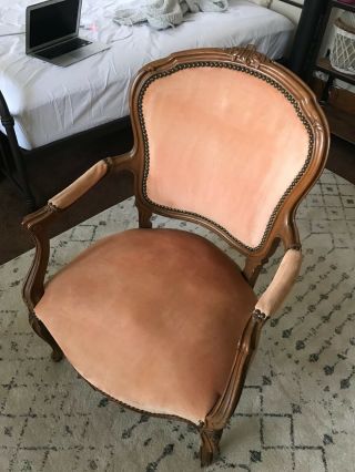 Vintage French Blush Pink Velvet Upholstered Bergere Chair