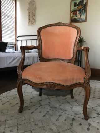 Vintage French Blush Pink Velvet Upholstered Bergere Chair 4