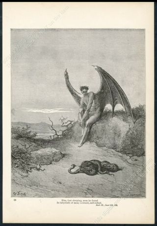 1883 Satan Snake Serpents Paradise Lost Gustave Dore Antique Print