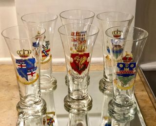 Set of 6 Antique German Pilsner Beer Glasses W Enamel Armorial Crests 2