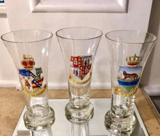 Set of 6 Antique German Pilsner Beer Glasses W Enamel Armorial Crests 3