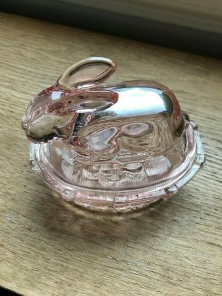 Pink Bunny Rabbit 2 Piece Glass Basket Bowl Candy Dish Depression Vintage Vvgc