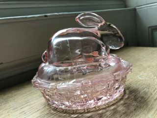 Pink Bunny Rabbit 2 piece Glass Basket Bowl Candy Dish Depression Vintage VVGC 4