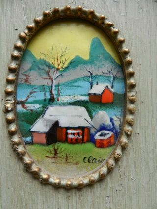 Vintage miniature enamel painting on copper,  framed,  signed Claire 2