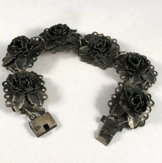 Big Antique 1930’s Mexico Sterling Silver 925 Handcrafted Rose Bracelet 7.  75”in