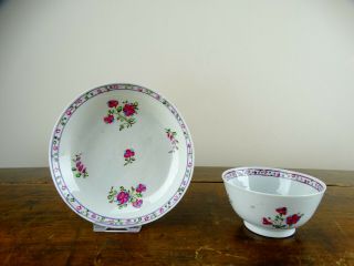 Antique 18th Century English Porcelain Tea Bowl And Saucer Chinese Famille Rose