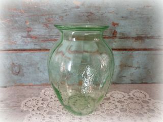 Antique 1930s Green Vaseline Uranium Depression Glass Vase Jar Cameo Ballerina