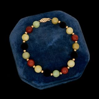 Antique Vintage Deco 14k Gold Chinese Multi Colored Jadeite Jade Beaded Bracelet